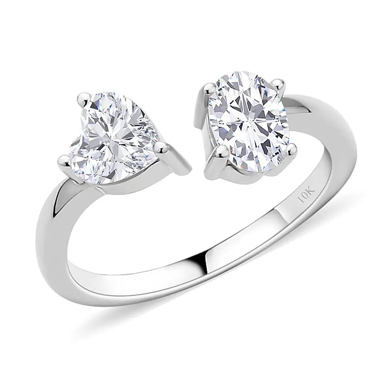 Luxoro Moissanite Bypass Ring, Heart and Oval Open Band Ring, 10K White Gold Ring, Oval Engagement Ring, Moissanite Jewelry 1.60 ctw