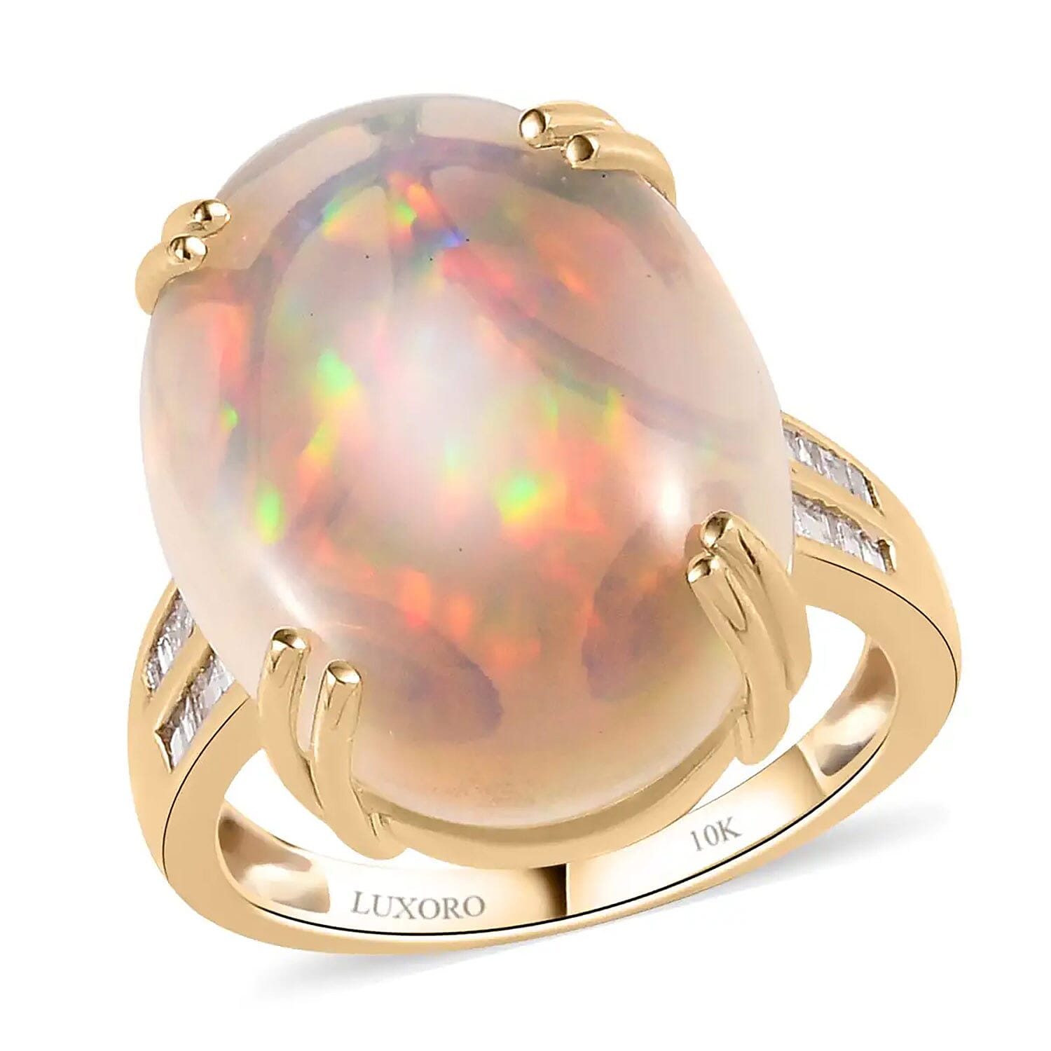 Luxoro 10K Yellow Gold AAA Ethiopian Welo Opal and G-H I3 Diamond Ring (Size 5.0) 11.65 ctw