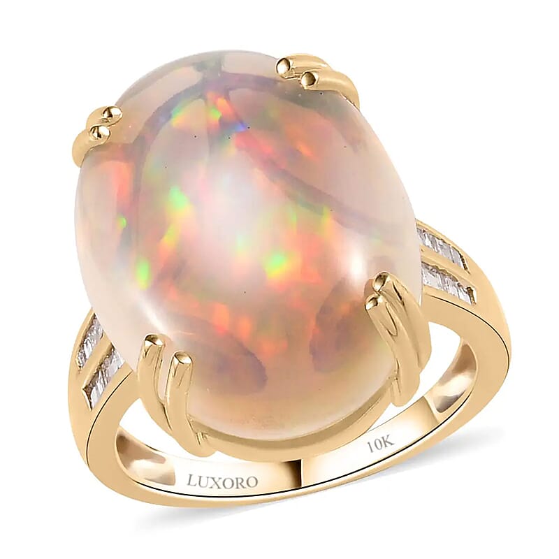Luxoro 10K Yellow Gold AAA Ethiopian Welo Opal and G-H I3 Diamond Ring (Size 5.0) 11.65 ctw