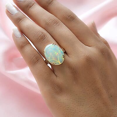 Luxoro 10K Yellow Gold AAA Ethiopian Welo Opal and G-H I3 Diamond Ring (Size 5.0) 11.65 ctw