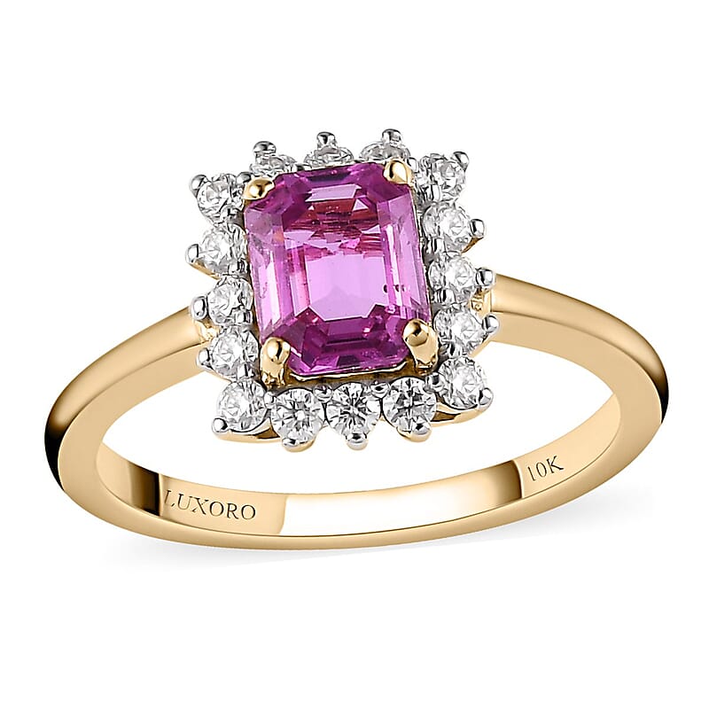 LUXORO 10K Rose Gold AAA Madagascar Pink Sapphire and Moissanite Halo Ring (Size 5.0) 1.40 ctw