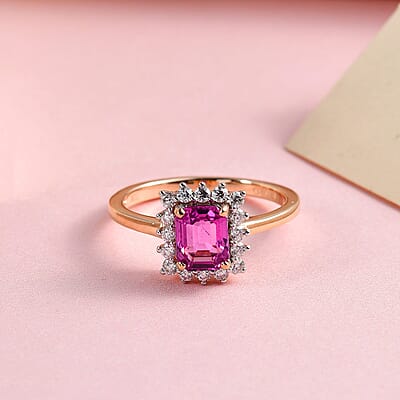 LUXORO 10K Rose Gold AAA Madagascar Pink Sapphire and Moissanite Halo Ring (Size 5.0) 1.40 ctw