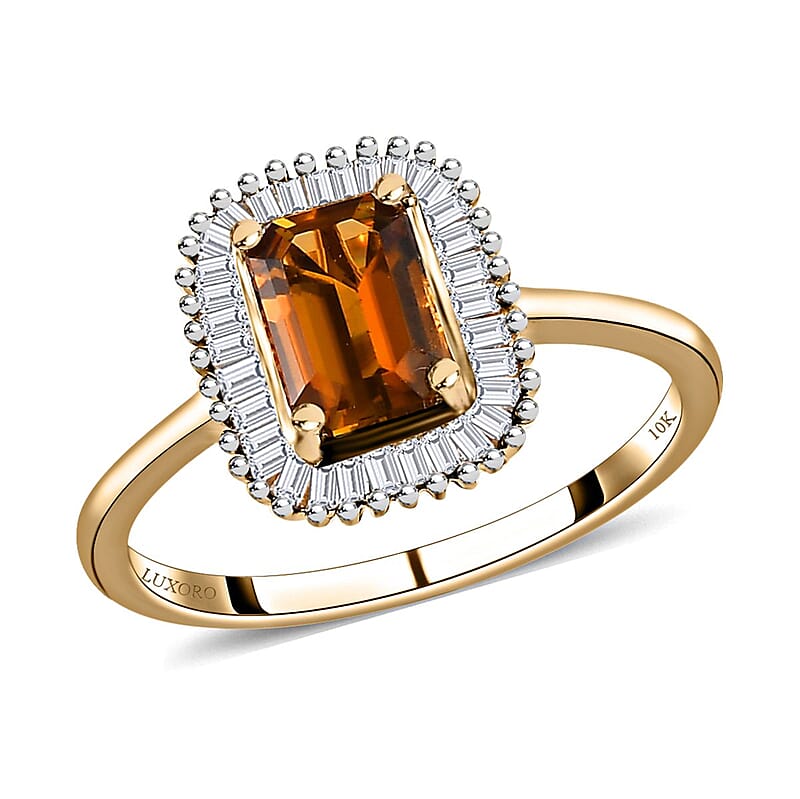 LUXORO 10K Yellow Gold Premium Tanzanian Golden Tourmaline and Diamond Halo Ring (Size 5.0) 2.10 Grams 1.10 ctw