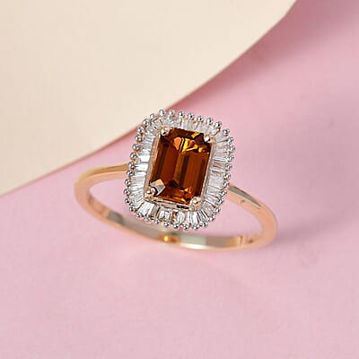 LUXORO 10K Yellow Gold Premium Tanzanian Golden Tourmaline and Diamond Halo Ring (Size 5.0) 2.10 Grams 1.10 ctw