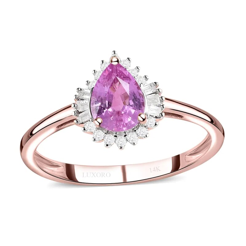 Luxoro AAA AAA Madagascar Pink Sapphire Ring, G-H I3 Diamond Accent Ring, Sapphire Halo Ring, 14K Rose Gold Ring, Wedding Ring, Gold Gifts, Gift For Her 1.90 Grams 0.90 ctw