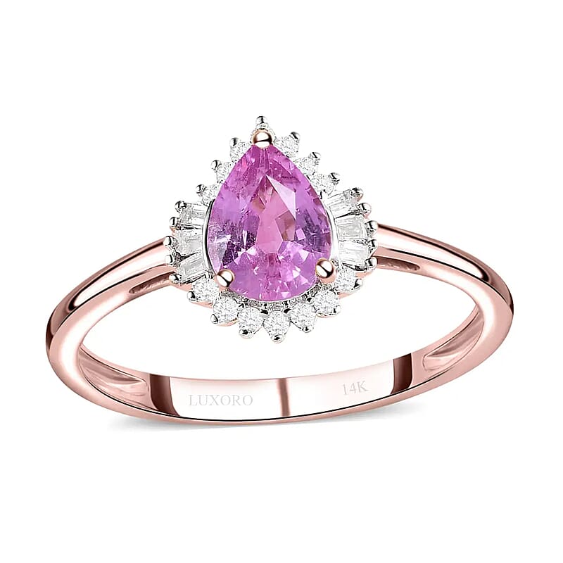 Luxoro AAA AAA Madagascar Pink Sapphire Ring, G-H I3 Diamond Accent Ring, Sapphire Halo Ring, 14K Rose Gold Ring, Wedding Ring, Gold Gifts, Gift For Her 1.90 Grams 0.90 ctw