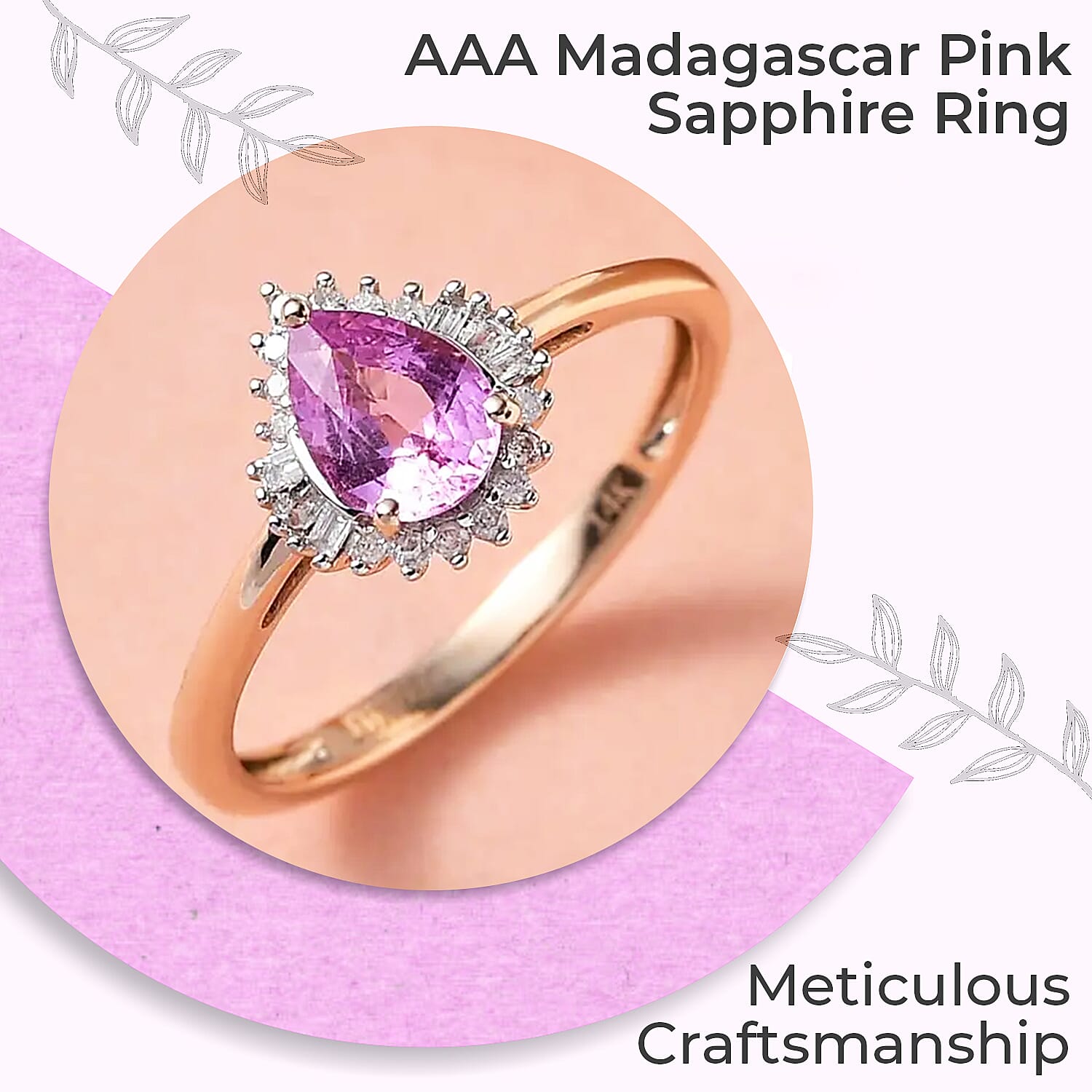 Luxoro AAA AAA Madagascar Pink Sapphire Ring, G-H I3 Diamond Accent Ring, Sapphire Halo Ring, 14K Rose Gold Ring, Wedding Ring, Gold Gifts, Gift For Her 1.90 Grams 0.90 ctw