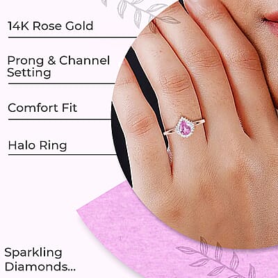 Luxoro AAA AAA Madagascar Pink Sapphire Ring, G-H I3 Diamond Accent Ring, Sapphire Halo Ring, 14K Rose Gold Ring, Wedding Ring, Gold Gifts, Gift For Her 1.90 Grams 0.90 ctw