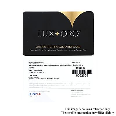 SGL Certified Luxoro 14K Yellow Gold Natural Yellow Diamond I2-I3 Ring (Size 5.0) 1.00 ctw