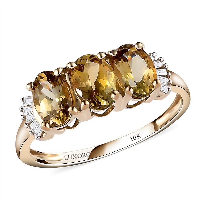 Luxoro 10K Yellow Gold Premium Golden Tanzanite and Diamond 3 Stone Ring (Size 11.0) 1.50 ctw