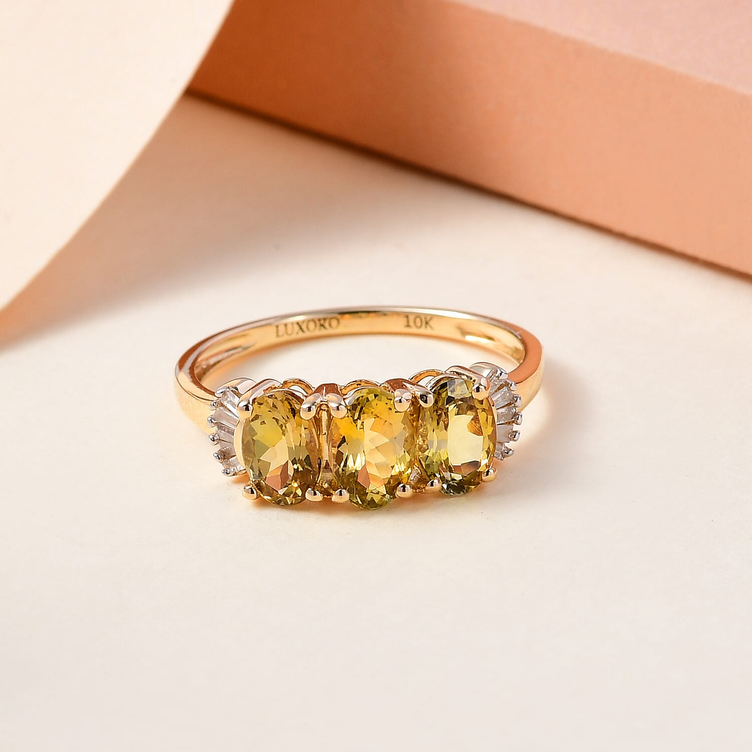 Luxoro 10K Yellow Gold Premium Golden Tanzanite and Diamond 3 Stone Ring (Size 11.0) 1.50 ctw