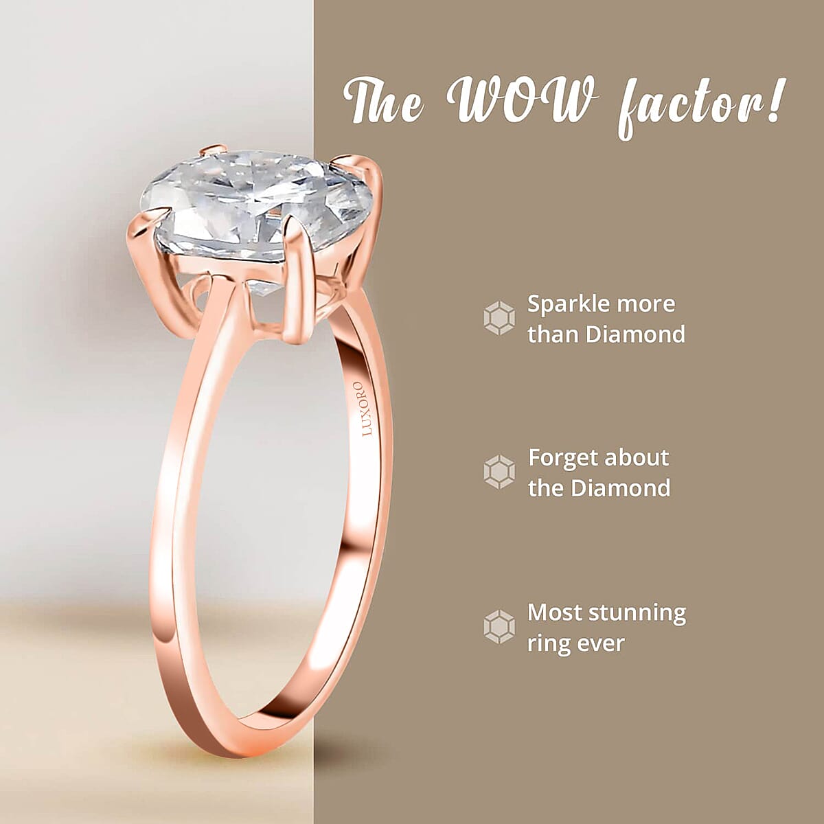 Luxoro 10K Rose Gold Moissanite 2.00 ctw Solitaire Ring, Promise Rings (Size 9.5) image number 3