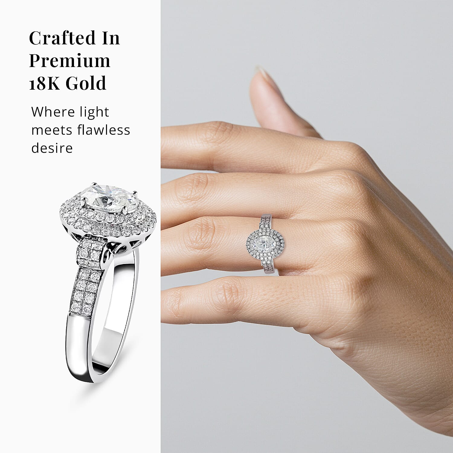 18K White Gold G-H SI2 Diamond 1.50 ctw Cluster Ring, Oval Engagement Ring (Size 5.5) 6.7 Grams