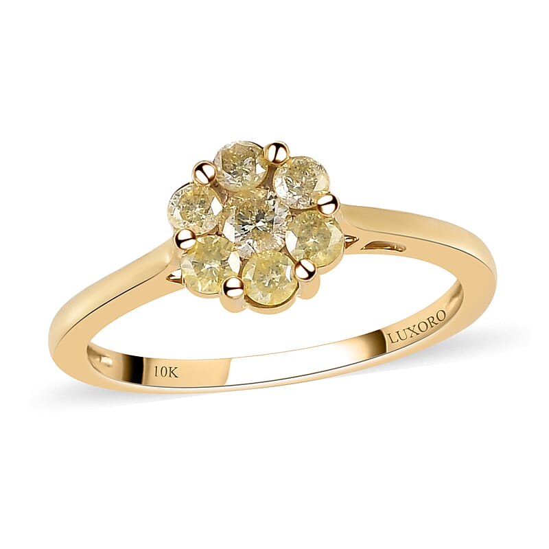 Luxoro 10K Yellow Gold Pressure Set Natural Yellow Diamond I3 Floral Ring (Size 5.0) 0.50 ctw