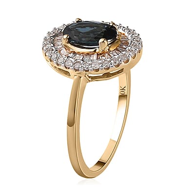 LUXORO 10K Yellow Gold Premium Monte Belo Indicolite and G-H I3 Diamond Double Halo Ring (Size 11.0) 2.10 Grams 1.10 ctw