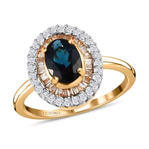 Luxoro 10K Yellow Gold Premium Monte Belo Indicolite and G-H I3 Diamond Double Halo Ring (Size 5.5) 1.10 ctw