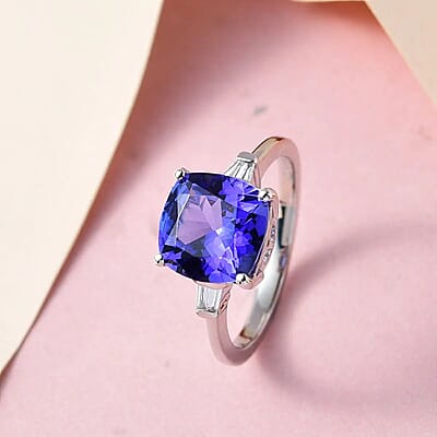 Rhapsody 950 Platinum AAAA Tanzanite and E-F VS Diamond Ring (Size 5.0) 4.55 Grams 3.60 ctw
