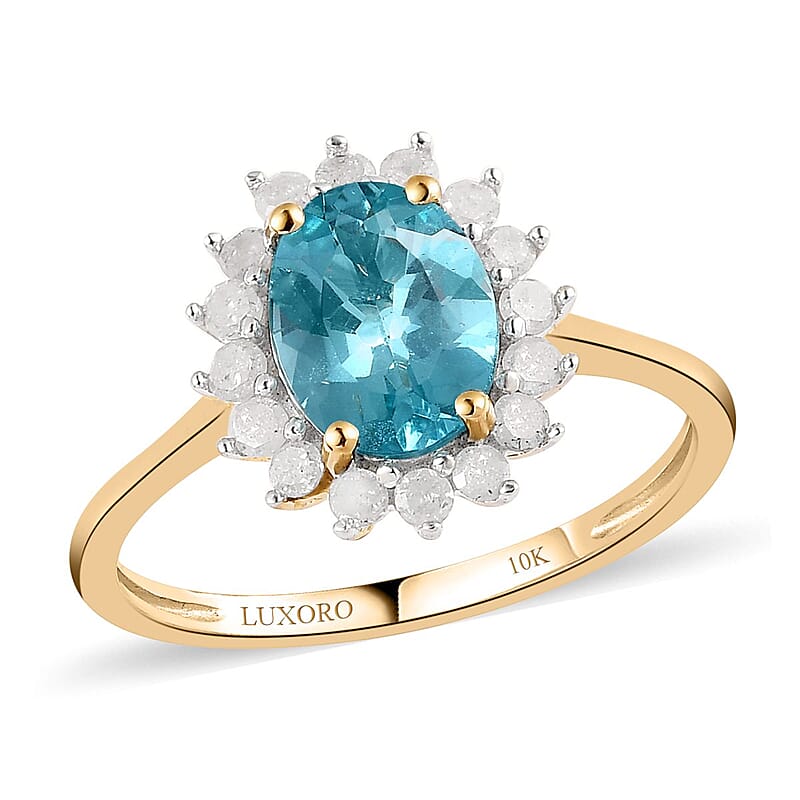 Luxoro 10K Yellow Gold AAA Madagascar Paraiba Apatite and Diamond Ring (Size 5.0) 1.35 ctw