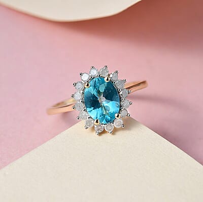 Luxoro 10K Yellow Gold AAA Madagascar Paraiba Apatite and Diamond Ring (Size 5.0) 1.35 ctw