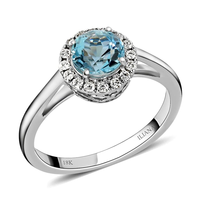 Certified and Appraised Iliana 18K White Gold AAA Santa Maria Aquamarine and G-H SI Diamond Halo Ring (Size 5.0) 1.00 ctw
