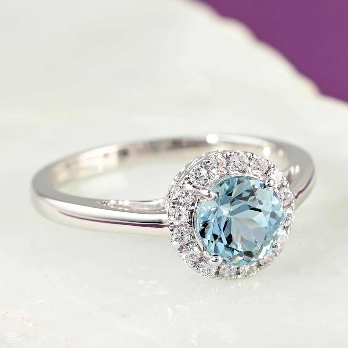 Doorbuster Certified & Appraised ILIANA 18K White Gold AAA Santa Maria Aquamarine and G-H SI Diamond Halo Ring 2.90 Grams 1.00 ctw image number 1