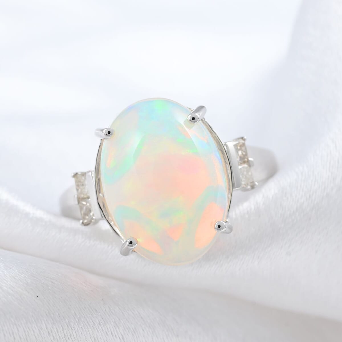 Certified Luxoro 14K White Gold AAA Ethiopian Welo Opal and G-H I2 Diamond Ring (Size 5.5) 3.90 ctw image number 1