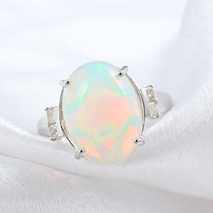 Certified LUXORO 14K White Gold AAA Ethiopian Welo Opal and G-H I2 Diamond Ring (Size 9.5) 3.66 Grams 3.90 ctw