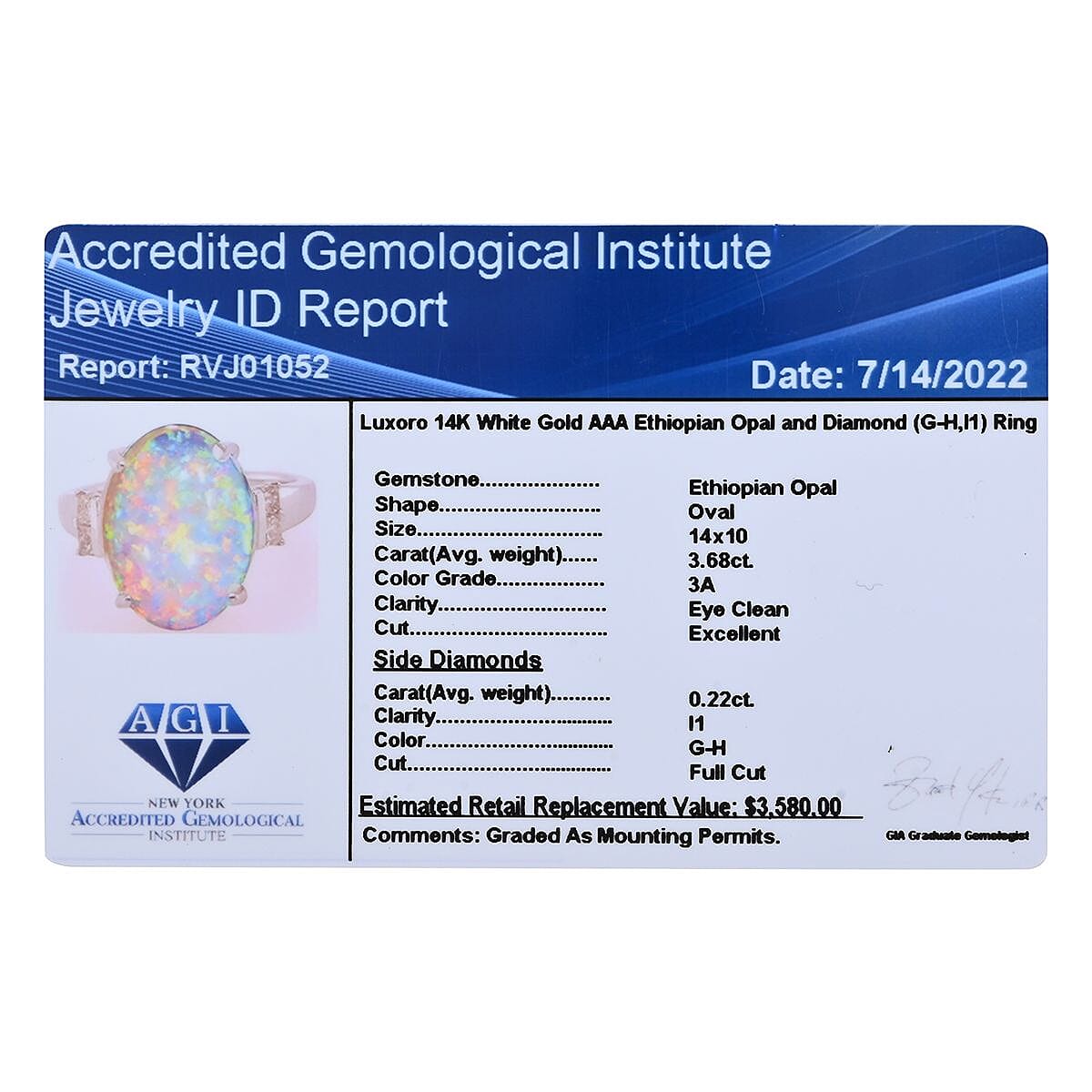 Certified LUXORO 14K White Gold AAA Ethiopian Welo Opal and G-H I2 Diamond Ring (Size 9.5) 3.66 Grams 3.90 ctw image number 7