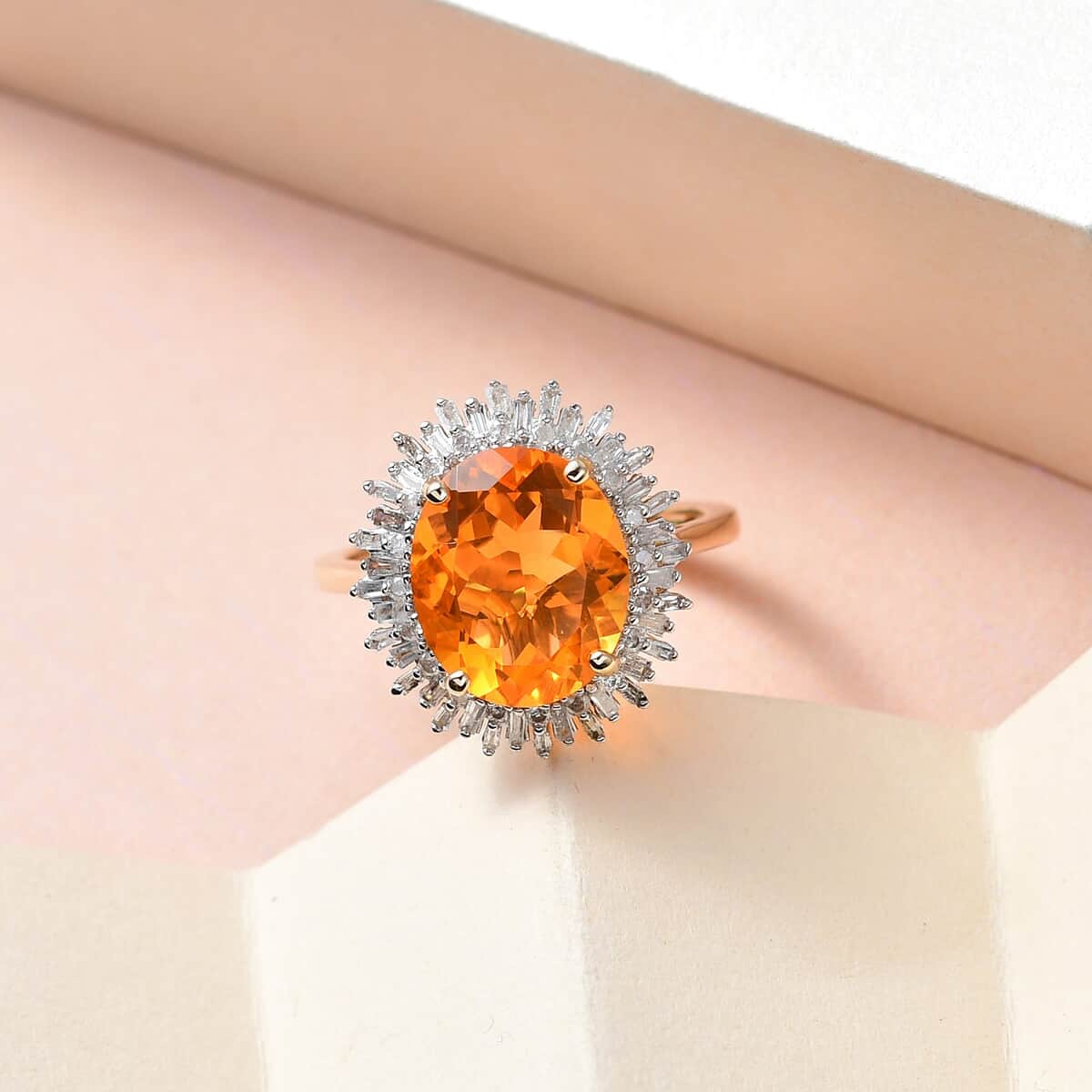 Luxoro 10K Yellow Gold Premium Jalisco Fire Opal and Diamond Snowflake Ring (Size 7.5) 3.80 ctw image number 1