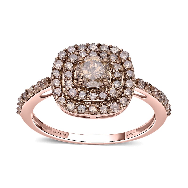 Luxoro SGL Certified 10K Rose Gold Natural Champagne Diamond Double Halo Ring (Size 5.0) 1.00 ctw