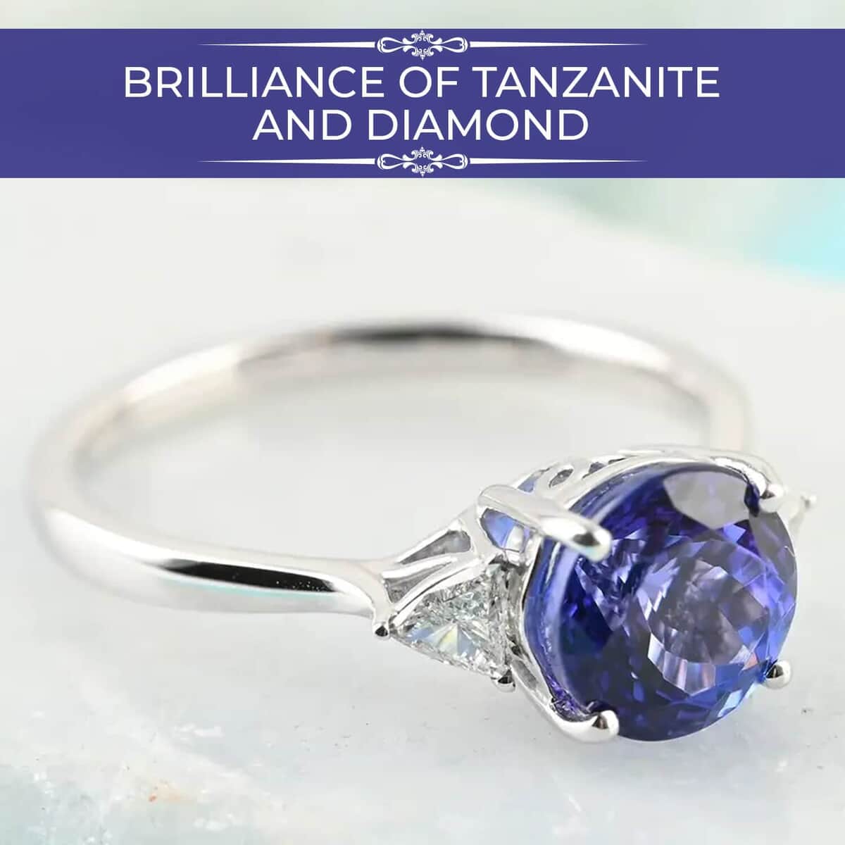 Rhapsody 950 Platinum AAAA Tanzanite Ring, E-F VS Diamond Accent Ring, Certified & Appraised Tanzanite Ring, Trilogy Ring, 950 Platinum Ring, Trilogy Engagement Ring 2.10 ctw image number 1