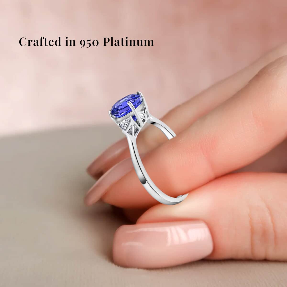 Rhapsody 950 Platinum AAAA Tanzanite Ring, E-F VS Diamond Accent Ring, Certified & Appraised Tanzanite Ring, Trilogy Ring, 950 Platinum Ring, Trilogy Engagement Ring 2.10 ctw image number 2