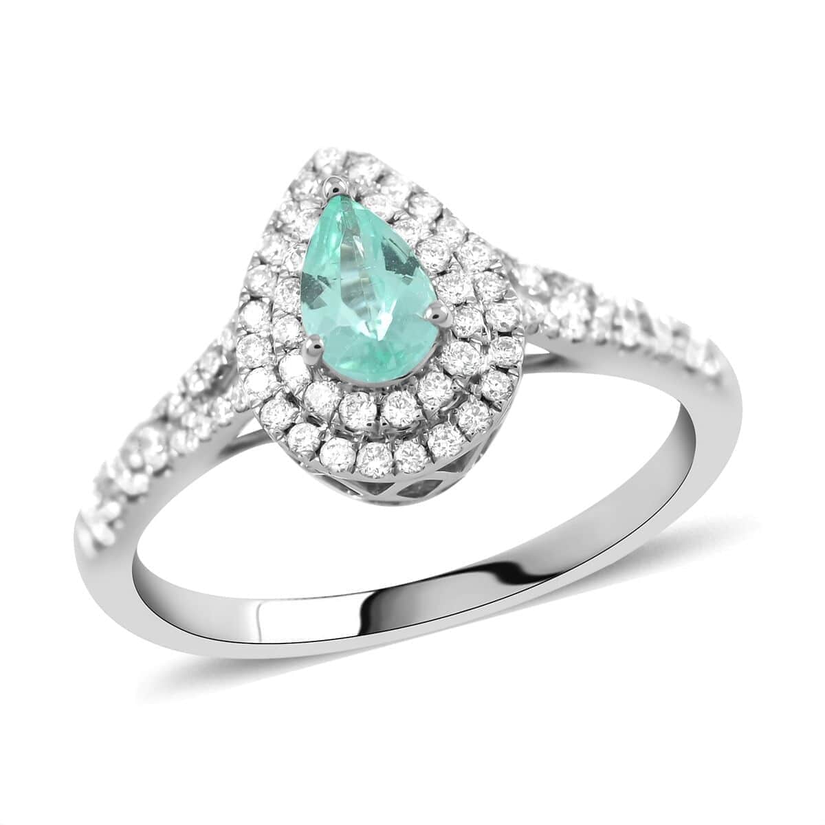 Doorbuster Certified & Appraised RHAPSODY 950 Platinum AAAA Paraiba Tourmaline and E-F VS Diamond Double Halo Ring 4.25 Grams 0.65 ctw image number 0