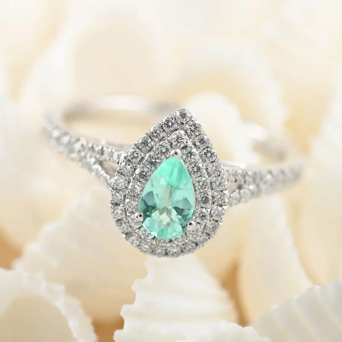 Doorbuster Certified & Appraised RHAPSODY 950 Platinum AAAA Paraiba Tourmaline and E-F VS Diamond Double Halo Ring 4.25 Grams 0.65 ctw image number 1