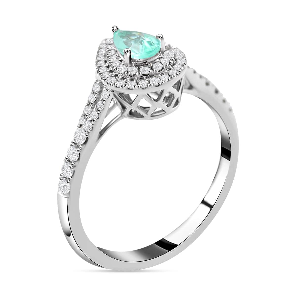 Certified Rhapsody 950 Platinum AAAA Paraiba Tourmaline and E-F VS Diamond Double Halo Ring (Size 7.5) 4.25 Grams 0.65 ctw image number 3
