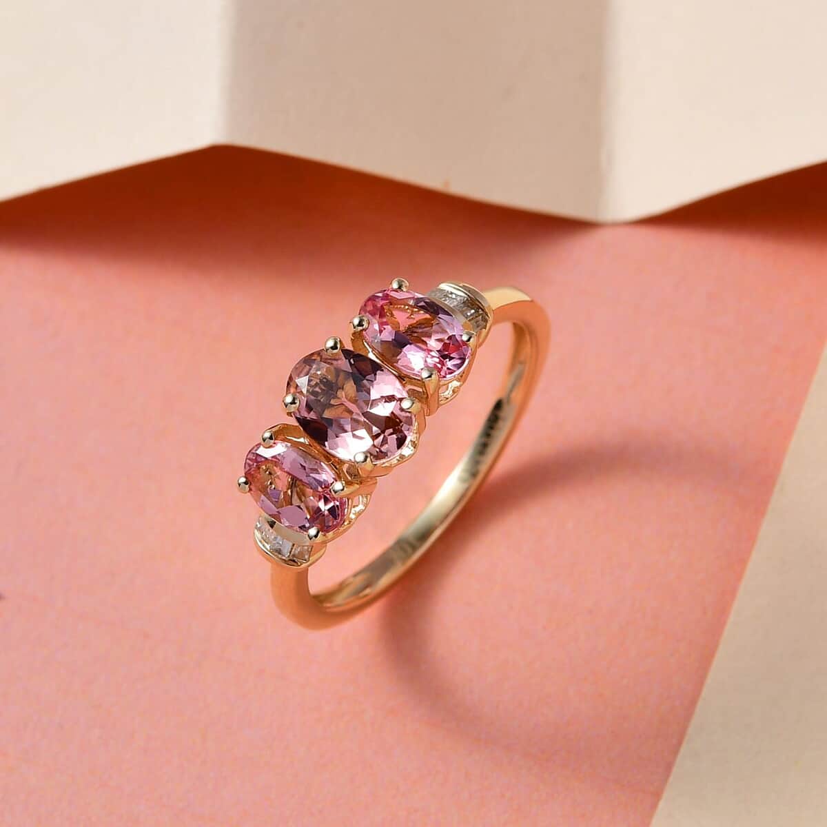 Luxoro AAA Morro Redondo Pink Tourmaline and Diamond Trilogy Ring in 10K Yellow Gold, Pink Tourmaline Jewelry, Birthday Anniversary Wedding Gift For Her 1.70 ctw image number 1