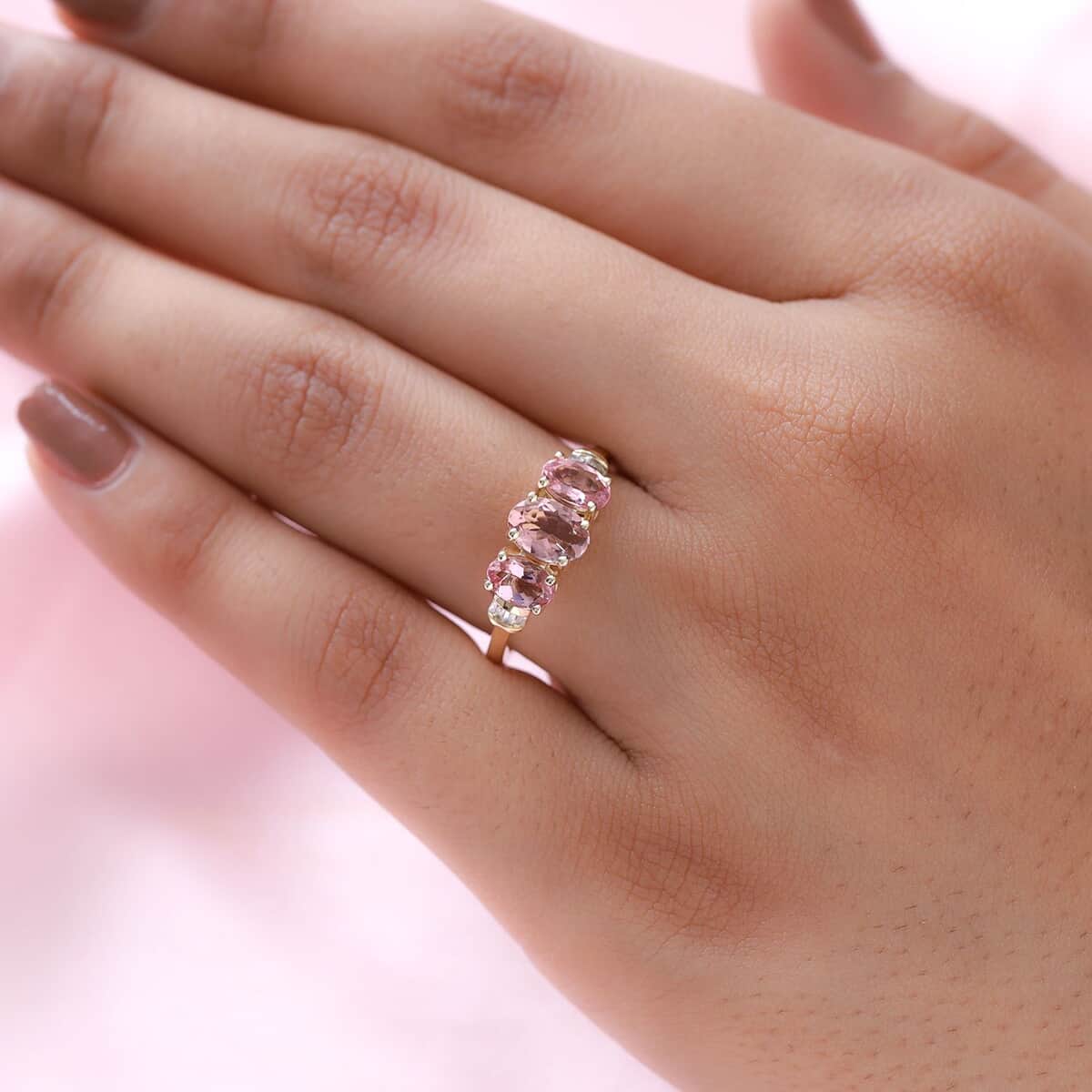 Luxoro AAA Morro Redondo Pink Tourmaline and Diamond Trilogy Ring in 10K Yellow Gold, Pink Tourmaline Jewelry, Birthday Anniversary Wedding Gift For Her 1.70 ctw image number 2