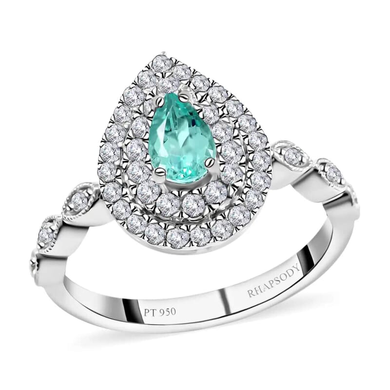 Rhapsody Certified and Appraised AAAA Paraiba Tourmaline Ring, E-F VS Diamond Accent Ring, Tourmaline Double Halo Ring, 950 Platinum Ring 5.80 Grams 0.90 ctw