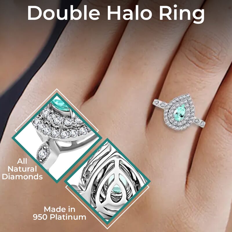 Rhapsody Certified and Appraised AAAA Paraiba Tourmaline Ring, E-F VS Diamond Accent Ring, Tourmaline Double Halo Ring, 950 Platinum Ring 5.80 Grams 0.90 ctw