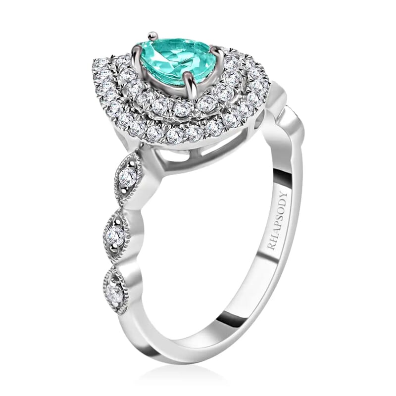 Rhapsody Certified and Appraised AAAA Paraiba Tourmaline Ring, E-F VS Diamond Accent Ring, Tourmaline Double Halo Ring, 950 Platinum Ring 5.80 Grams 0.90 ctw
