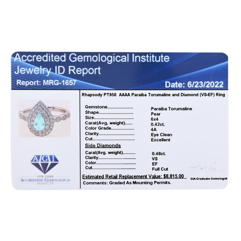 Rhapsody Certified and Appraised AAAA Paraiba Tourmaline Ring, E-F VS Diamond Accent Ring, Tourmaline Double Halo Ring, 950 Platinum Ring 5.80 Grams 0.90 ctw