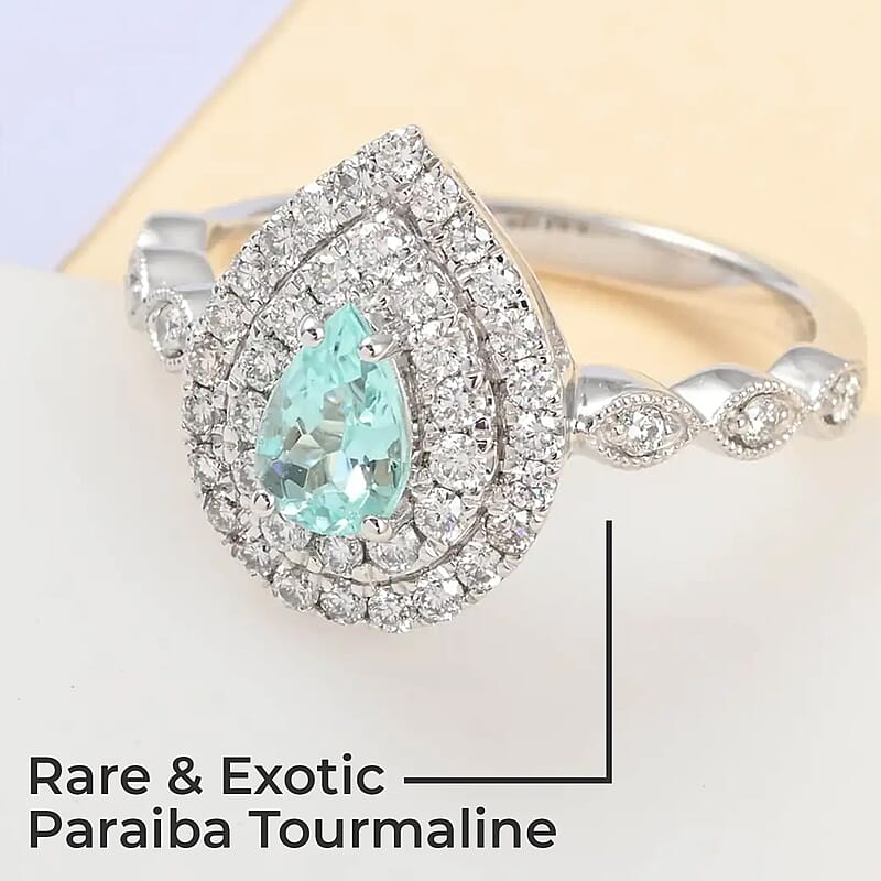 Rhapsody Certified and Appraised AAAA Paraiba Tourmaline Ring, E-F VS Diamond Accent Ring, Tourmaline Double Halo Ring, 950 Platinum Ring 5.80 Grams 0.90 ctw