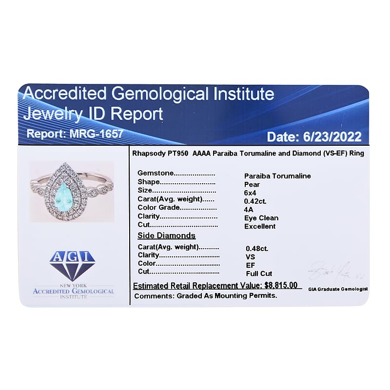 Rhapsody Certified and Appraised AAAA Paraiba Tourmaline Ring, E-F VS Diamond Accent Ring, Tourmaline Double Halo Ring, 950 Platinum Ring 5.80 Grams 0.90 ctw