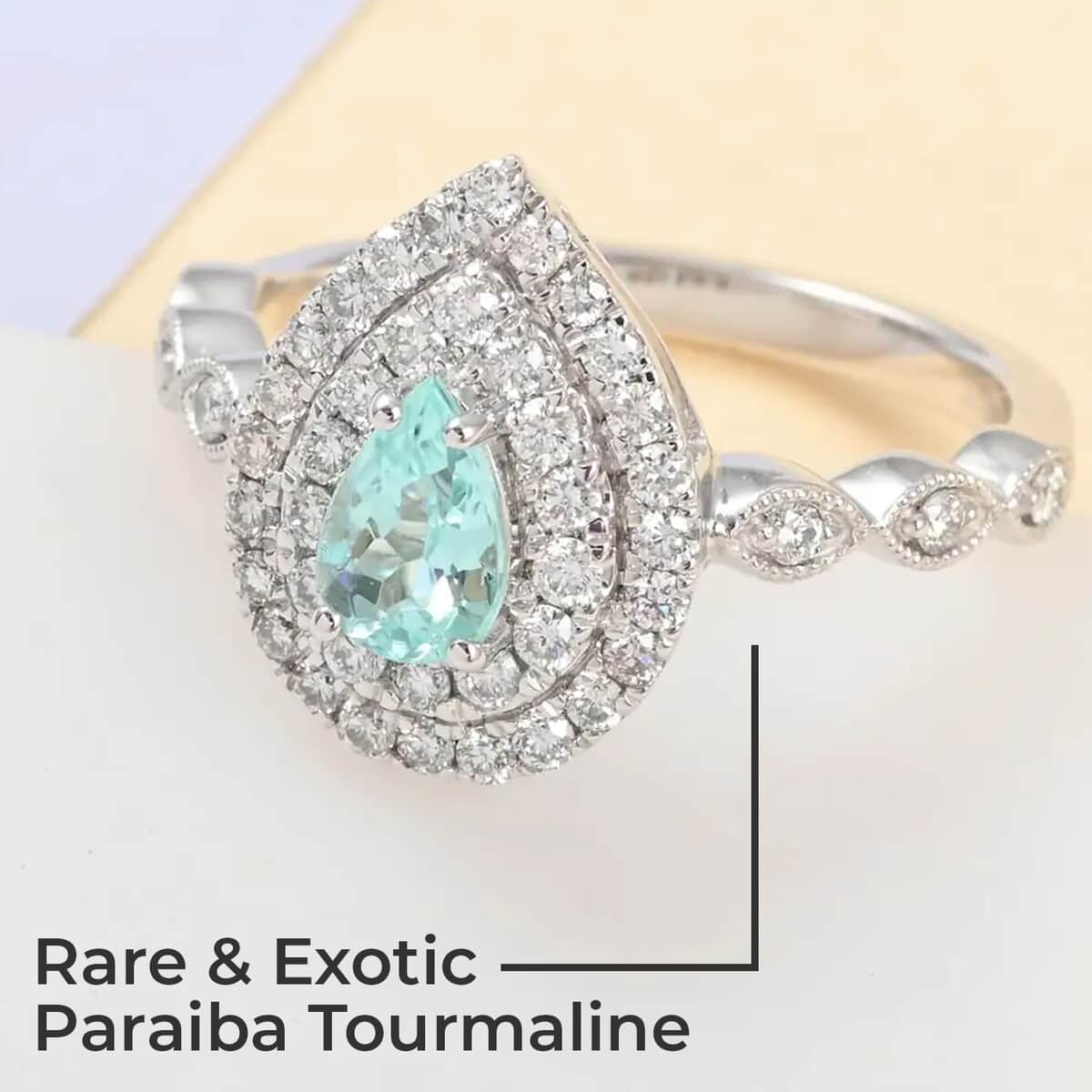 Rhapsody Certified AAAA Paraiba Tourmaline Ring, E-F VS Diamond Accent Ring, Tourmaline Double Halo Ring, 950 Platinum Ring 5.80 Grams 0.90 ctw image number 1