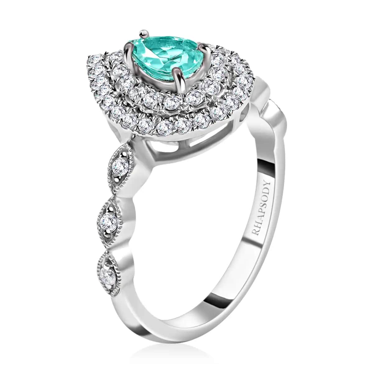 Rhapsody Certified AAAA Paraiba Tourmaline Ring, E-F VS Diamond Accent Ring, Tourmaline Double Halo Ring, 950 Platinum Ring 5.80 Grams 0.90 ctw image number 3