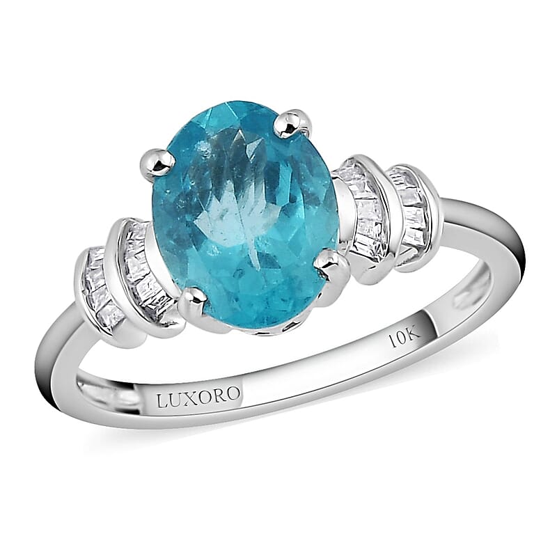 LUXORO 10K White Gold AAA Madagascar Paraiba Apatite and Diamond Ring (Size 5.0) 1.65 ctw