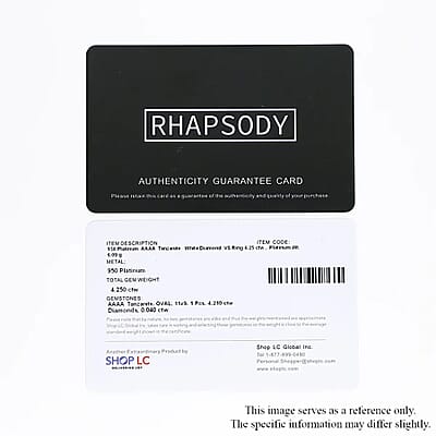 Certified and Appraised Rhapsody 950 Platinum AAAA Tanzanite and E-F VS Diamond Ring (Size 11.0) 6.10 Grams 4.25 ctw