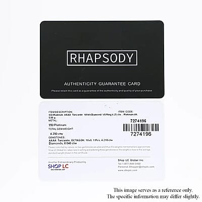 Certified and Appraised Rhapsody 950 Platinum AAAA Tanzanite and E-F VS Diamond Ring (Size 6.5) 6 Grams 4.25 ctw