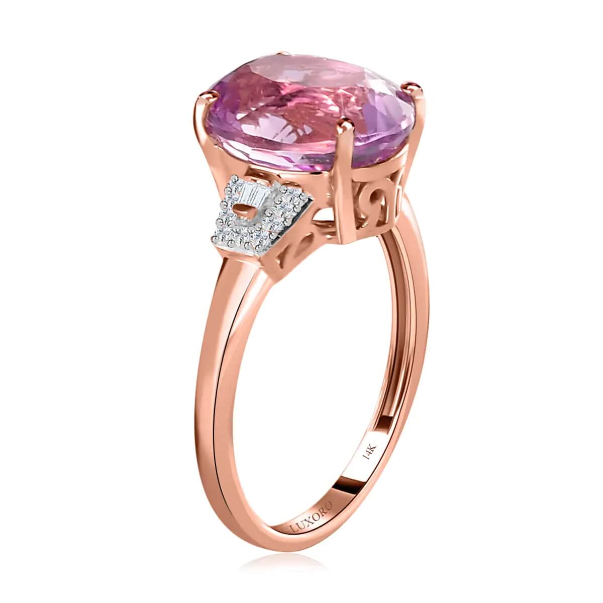 LUXORO 14K Rose Gold AAA Martha Rocha Kunzite and G-H I2 Diamond Ring (Size 6.0) 2.40 Grams 4.65 ctw image number 3