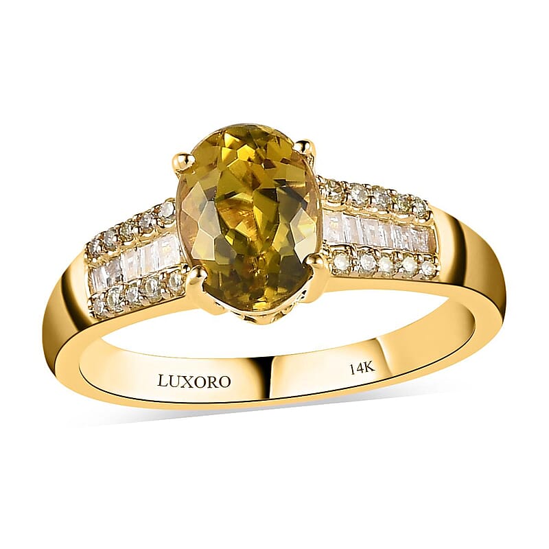 Luxoro 14K Yellow Gold AAA Natural Canary Tourmaline, Natural Yellow and White Diamond Ring (Size 5.0) 1.50 ctw
